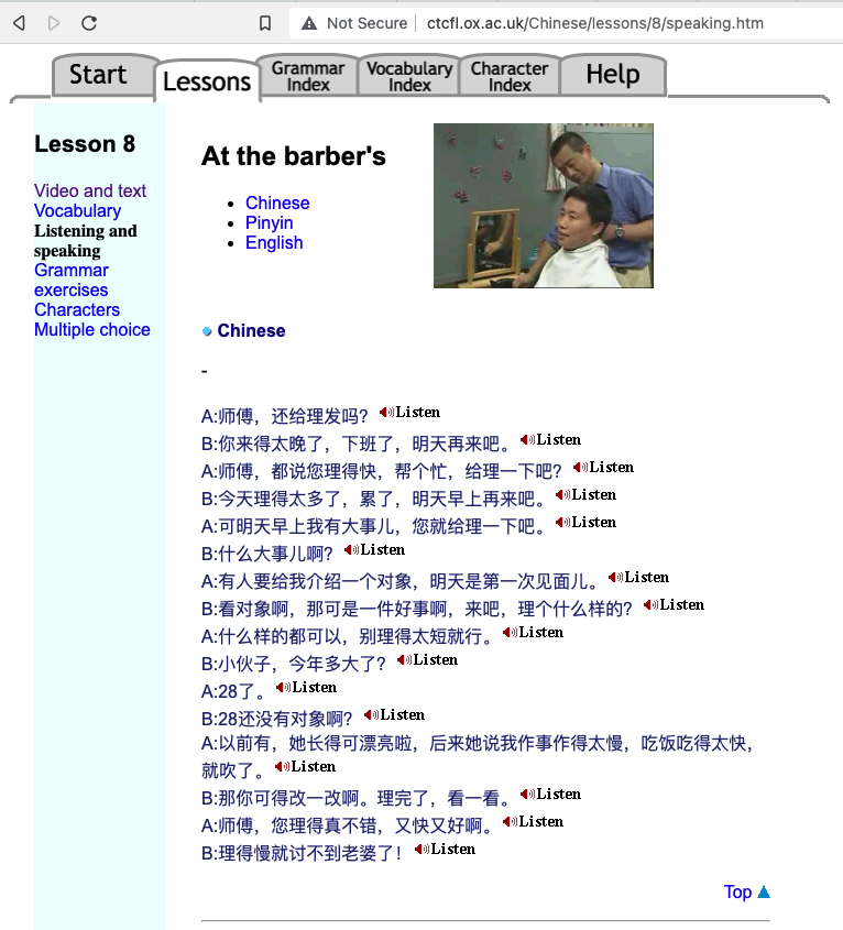 A sample lesson depicting a seen at the barber's and links to Chinese, Pinyin and English versions