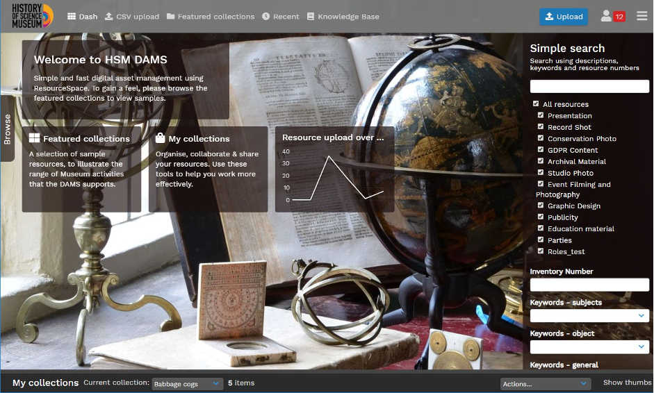 History of Science Museum DAMS: main dashboard with links to add and search for assets, group assets in collections, and so on.