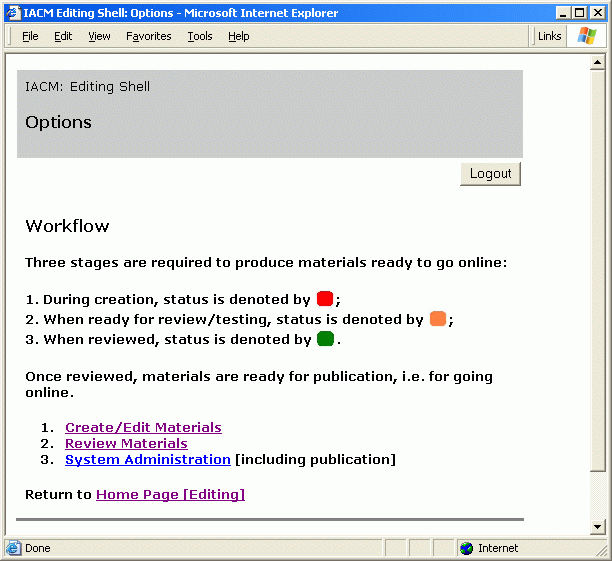 'IACM Editing shell' with an overview of the workflow (traffic lights - red, amber and green for creation, content ready, and reviewed).