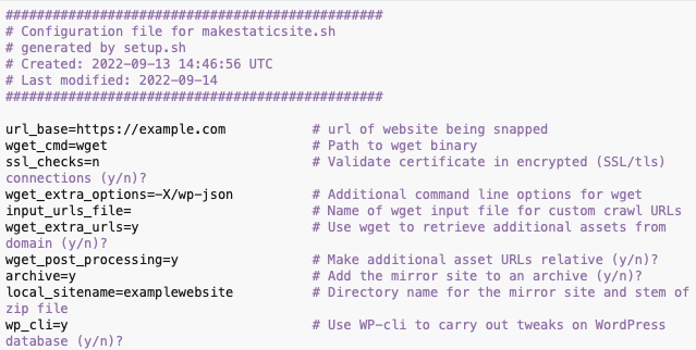 Extract from a sample configuration (text file) for MakeStaticSite shows options, row by row